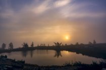 Idilliaca scena autunnale con pittoresco lago al mattino nebbioso — Foto stock