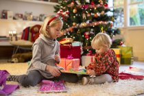 Irmãs verificando presentes pela árvore de Natal — Fotografia de Stock