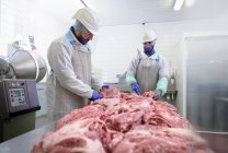 Butchers preparing meat for Italian sausages in sausage factory — Stock Photo