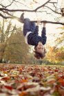 Мальчик играет на дереве на открытом воздухе — стоковое фото