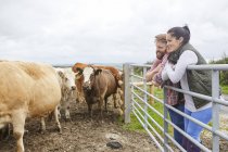 Pareja apoyada contra puerta en granja de vacas mirando hacia otro lado - foto de stock