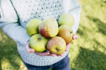 Abgeschnittenes Bild eines Kindes, das selbstgemachte Äpfel in Händen hält — Stockfoto