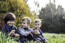 Tres chicos, sentados juntos en el campo, en otoño - foto de stock
