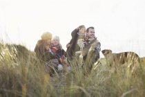Mid adult couple in sand dunes with their son, daughter and dog — Stock Photo
