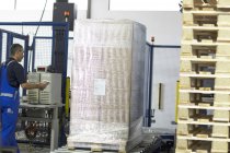 Worker using machine in paper packaging factory — Stock Photo