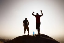 Two male friends, on top of mountain, in celebratory pose — Stock Photo