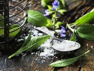 Maldon salt, sage leaves on vintage wooden table — Stock Photo