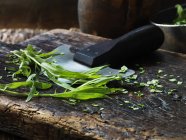 Tarragon, whole and chopped, mezzaluna on vintage chopping board — Stock Photo