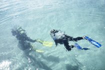 Vista subacquea di insegnante maschio e ragazzo immersioni in mare — Foto stock