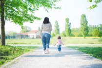 Rear view of female toddler toddling with mother in park — Stock Photo