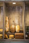 Pains frais, petits pains et baguette dans un plateau de boulangerie — Photo de stock