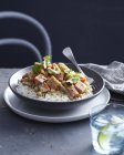 Schüssel mit Butternuss und Kürbis-Curry auf gedämpftem Reis — Stockfoto