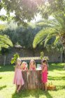 Vier Mädchen plaudern am Limonadenstand im Park — Stockfoto