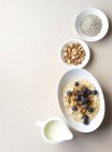 Natura morta di porridge con frutto e noci — Foto stock