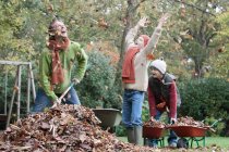 Father and sons fooling around in garden, gathering autumn leaves — Stock Photo