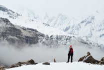Vista posteriore della donna in piedi e guardando la vista, Annapurna Base Camp trek, Nepal — Foto stock