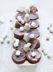Chocolate brownies and marshmallows in cardboard carton — Stock Photo