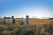 Quatro crianças correndo no campo ao pôr do sol — Fotografia de Stock