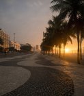 Paseo lateral y palmeras, playa de Copacabana al amanecer, Río De Janeiro, Brasil - foto de stock
