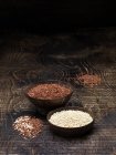 Nature morte avec bols de quinoa rouge et graines de quinoa blanc — Photo de stock