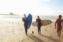 Grupo de surfistas em direcção ao mar, transportando pranchas de surf, visão traseira — Fotografia de Stock