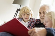 Abuelo leyendo libro a los nietos - foto de stock