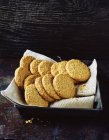 Homemade oatmeal cookies in baking tray — Stock Photo