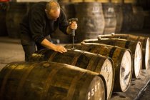 Männlicher Arbeiter öffnet hölzernes Whisky-Fass in Whisky-Brennerei — Stockfoto