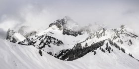 Paysage de montagne enneigé avec nuages bas — Photo de stock
