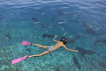 Femme adulte moyenne plongée avec tuba regarder les poissons — Photo de stock