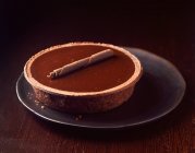 Цілий шоколадний пиріг з шоколадним завитком на тарілці — стокове фото