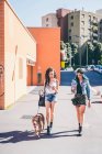 Дві молоді жінки ходять пітбулем у міському житловому комплексі — стокове фото