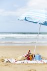 Chapéu de sol, caixa legal e cesta de piquenique na toalha de praia sob guarda-sol na praia — Fotografia de Stock