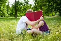 Adolescentes escondidos detrás del libro en el parque - foto de stock