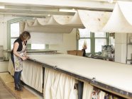 Frau arbeitet mit Trocknungssystem in Textilmanufaktur — Stockfoto