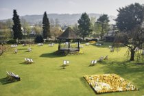 Aerial view of deck chairs on green grass in sunlight at park — Stock Photo