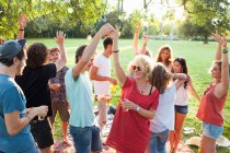 Натовп дорослих друзів танцює на вечірці в парку на заході сонця — стокове фото