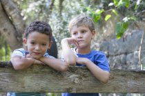 Портрет двух мальчиков, опирающихся на садовый забор — стоковое фото