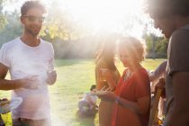 Adults friends eating and drinking at sunset party in park — Stock Photo