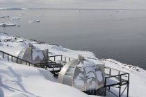 Iglús frente al mar fuera del hotel en Ilulissat, Groenlandia - foto de stock