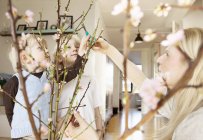 Взрослая мать и двое сыновей стригут цветущие ветки в гостиной — стоковое фото