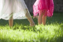 Cortado tiro das pernas de duas meninas em fantasia de fada no jardim — Fotografia de Stock