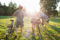 Вид сзади на взрослых тусовщиков, приезжающих на велосипедах на вечеринку в парке заката — стоковое фото