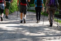 Rear waist down view of mature hikers on rural road, Grigna, Lecco, Lombardy, Italy — Stock Photo