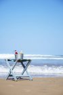 Glass bottles of juice in ice bucket on deckchair on beach — Stock Photo