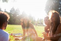 Amis adultes bavardant au coucher du soleil dans le parc — Photo de stock
