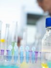 Row of eppendorf vial awaiting sample for testing in laboratory, scientist out of focus in background — Stock Photo