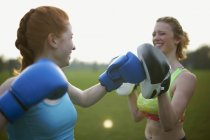Dos mujeres haciendo ejercicio con guantes de boxeo en el parque - foto de stock