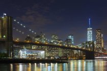 Night view of Manhattan financial district and Brooklyn bridge, New York, USA — Stock Photo