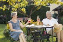 Старша пара, сидячи за столом в саду, насолоджується напоєм — стокове фото